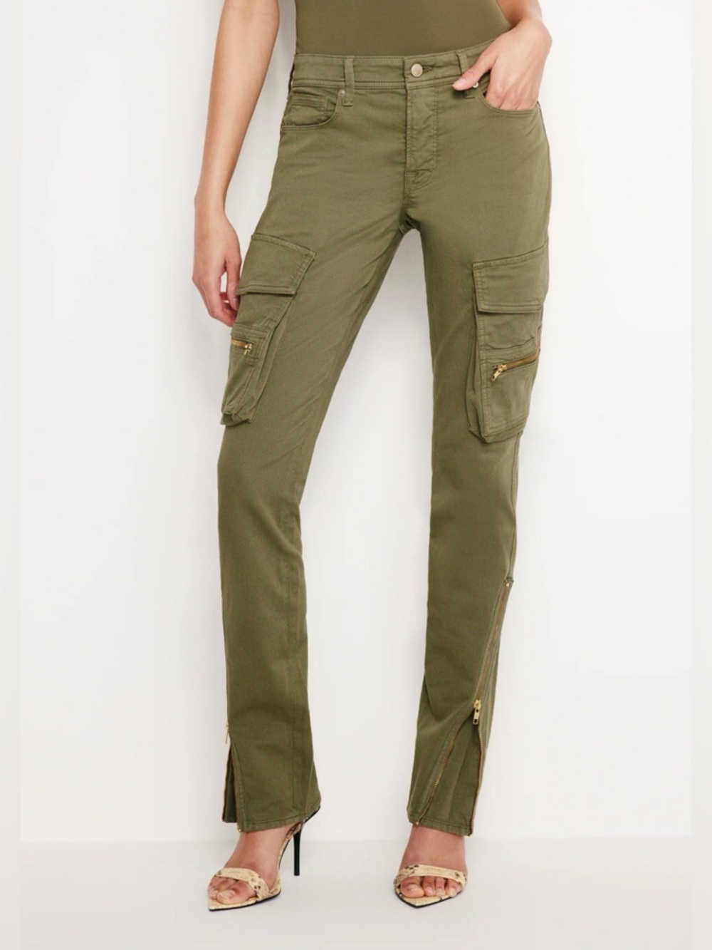 Good American Twill Skinny Cargo Olive Sz 4/27 NWOT Gold Ankle Zip - Picture 4 of 13